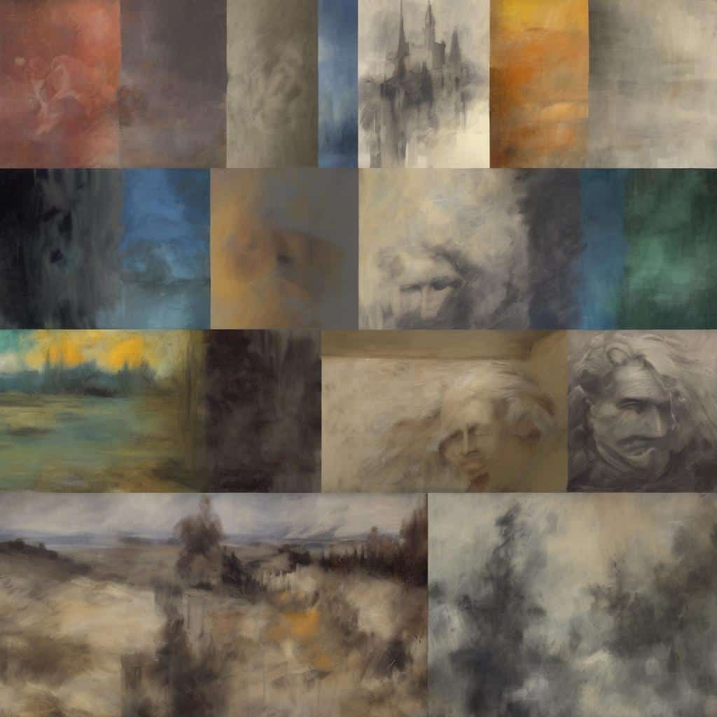 Ζωγραφικά έργα εμπνευσμένα από υλικά, τέχνη και δημιουργικότητα, που αναδεικνύουν την έμπνευση μέσα από το υλικό.