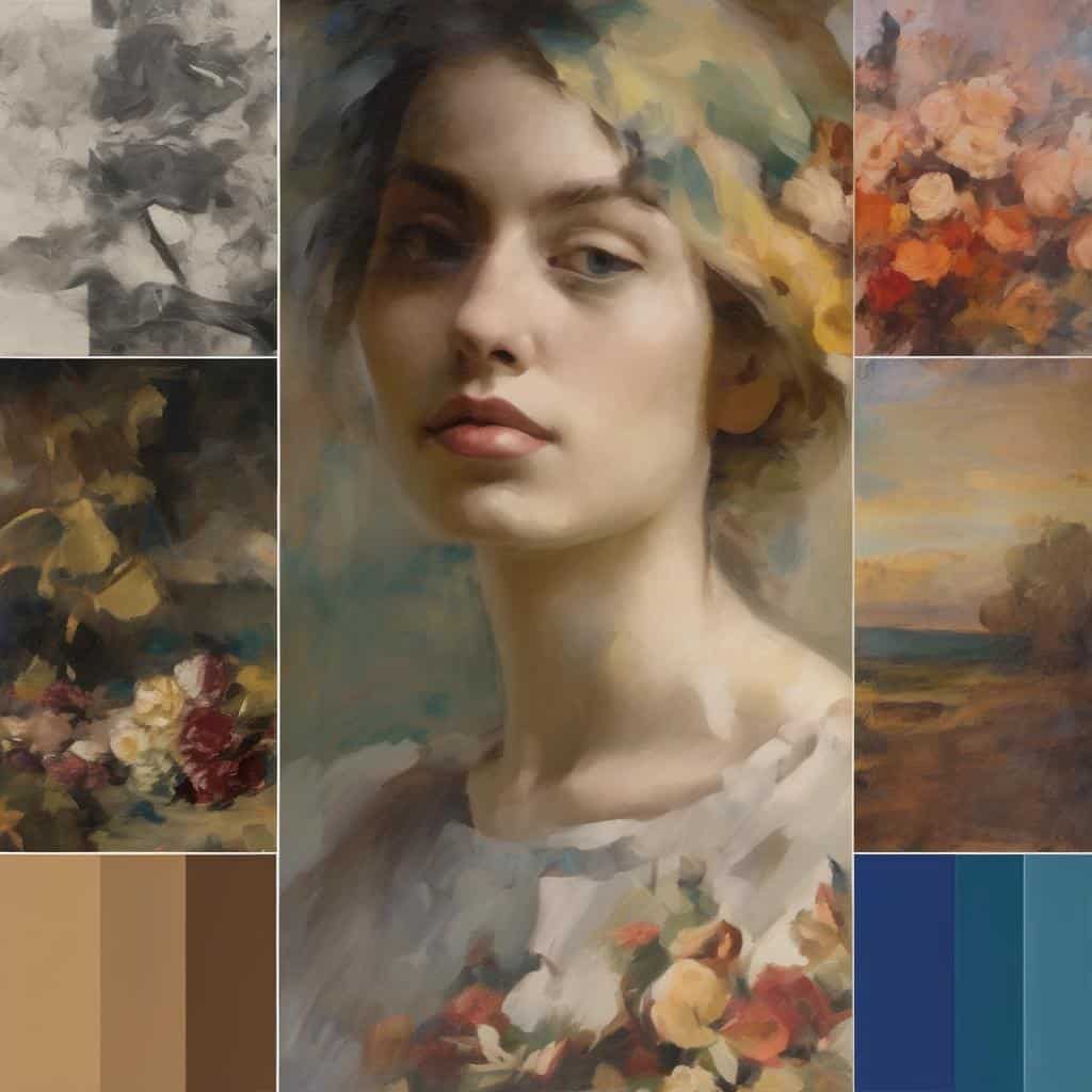 Σύνθετη εικόνα με πορτρέτο γυναίκας και ζωγραφικά έργα εμπνευσμένα από φυσικά υλικά και χρώματα.